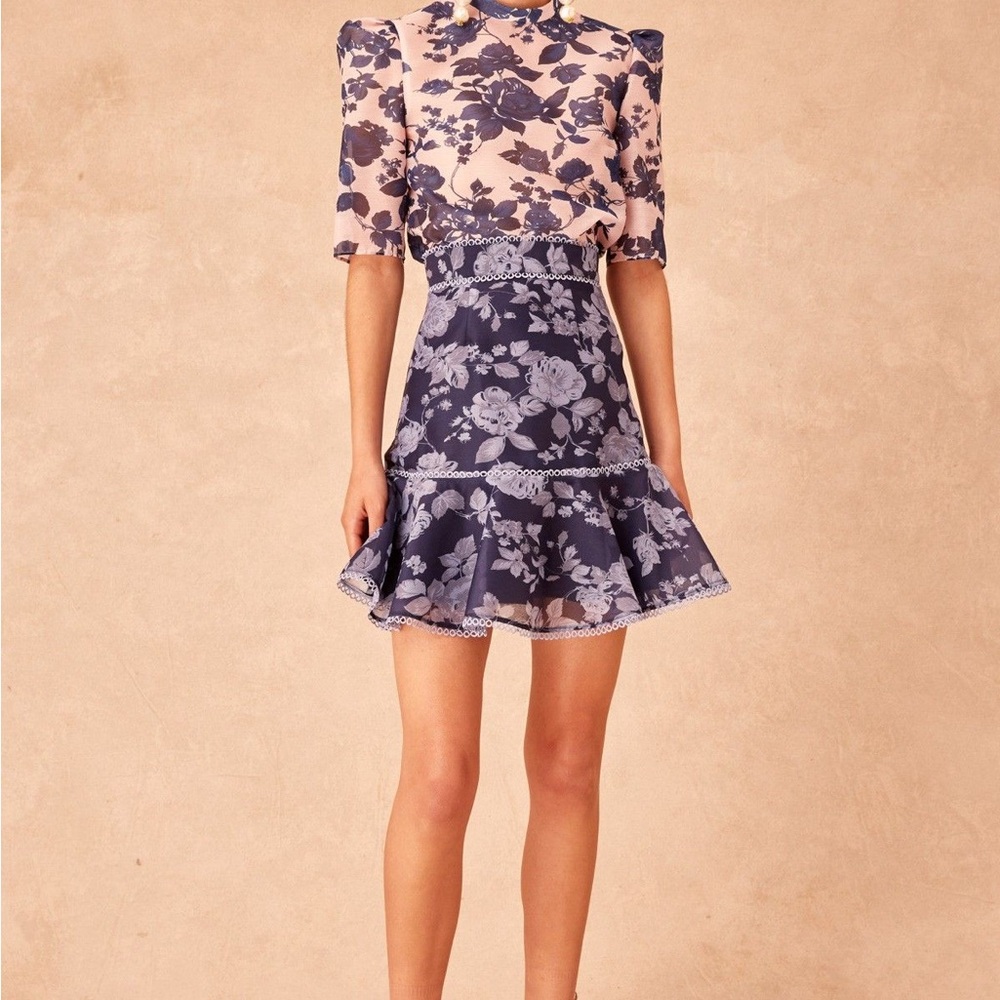 EUC KEEPSAKE the Label Navy & Light Blue Floral A-Line Skirt